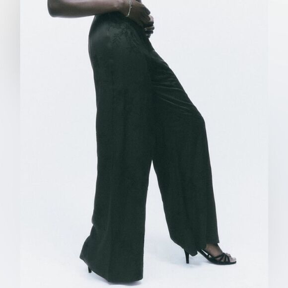 Zara Satin Wide Embroidered Pants New - Picture 8 of 9